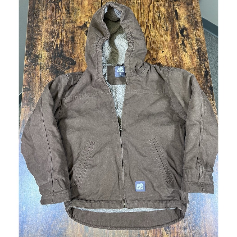 Kids Youth Berne Jacket Small Brown Canvas Hooded Insulated Bomber
